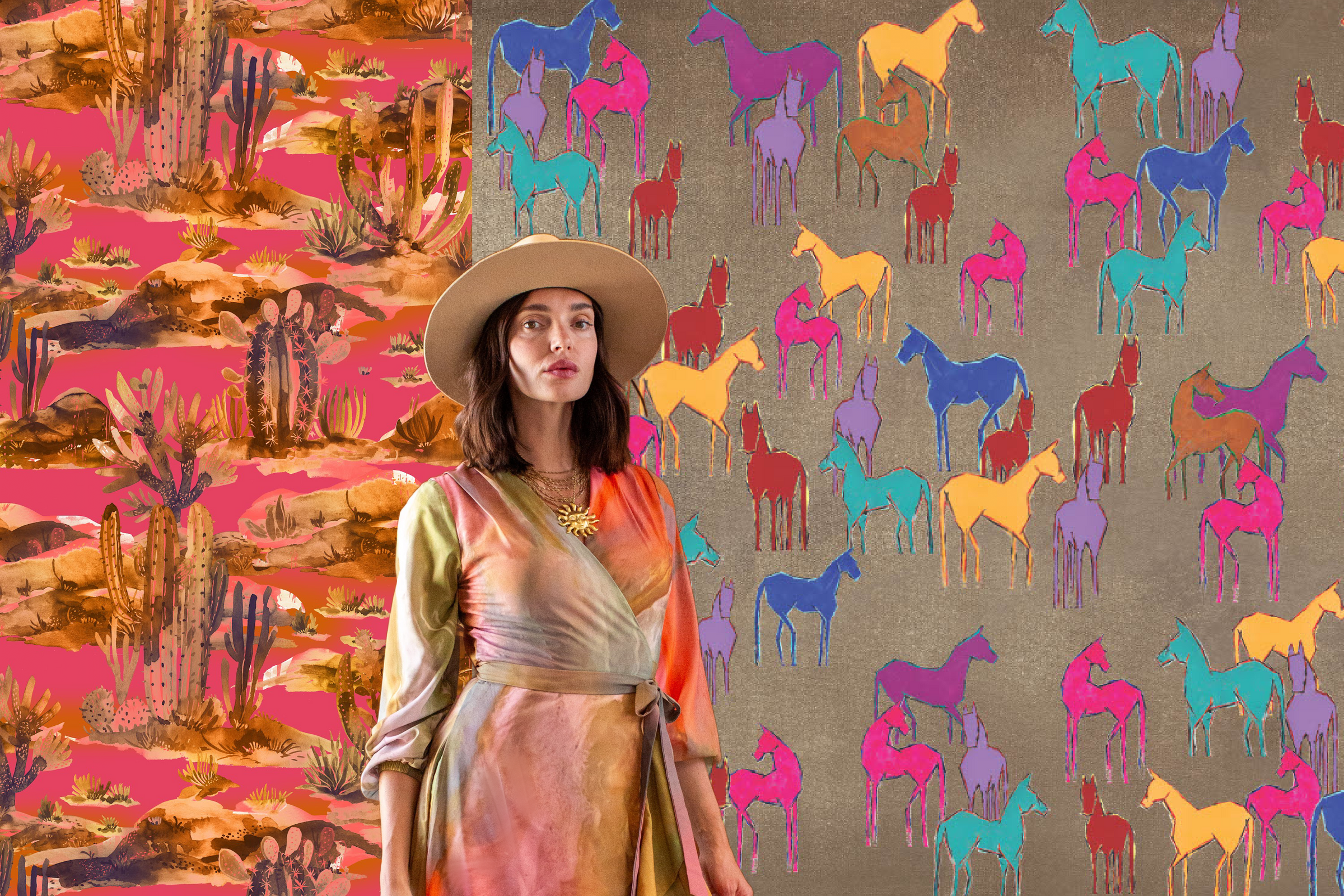 Woman in a desert setting with colorful horse pattern