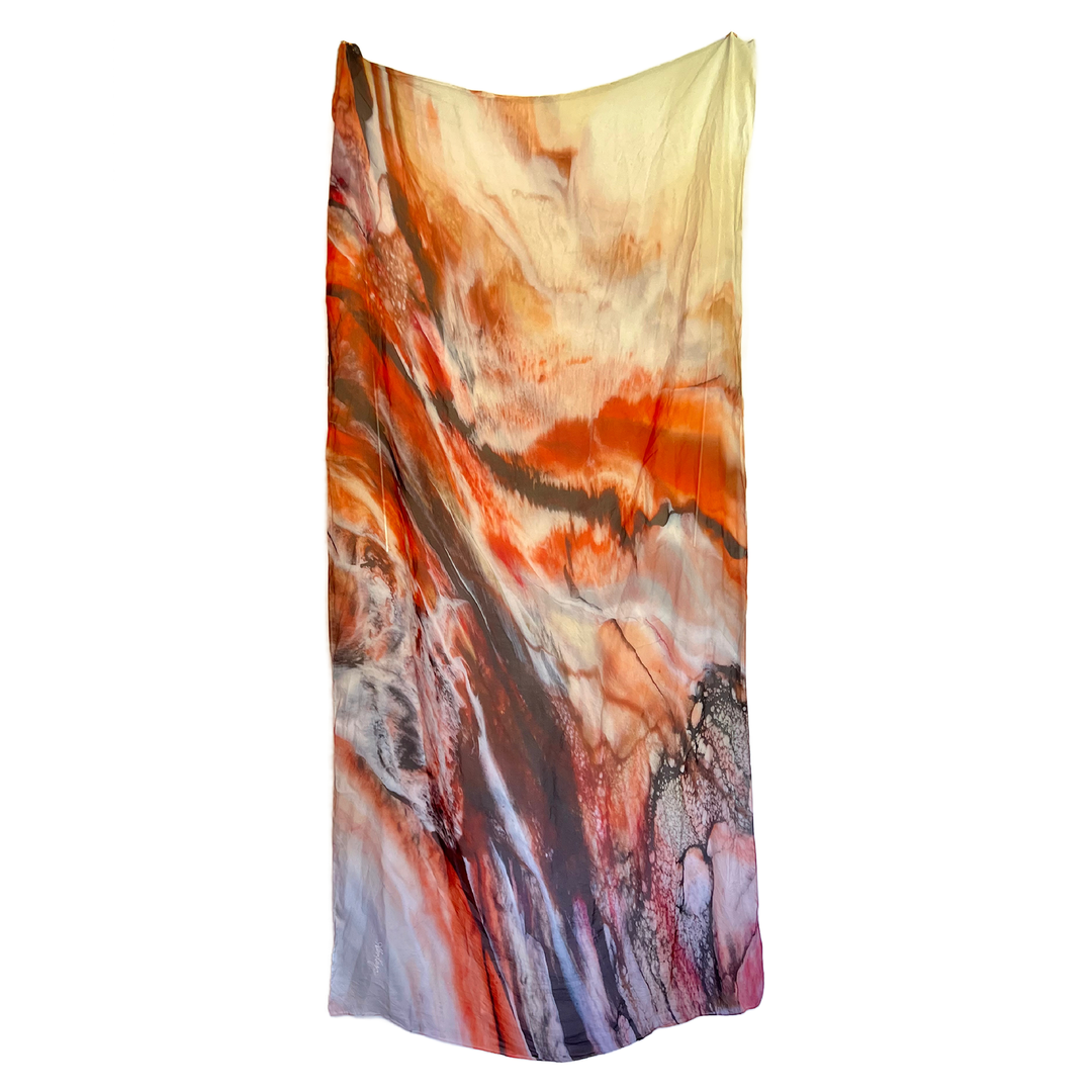    oversized-silk-scarf-large-washable-wearable-art-orange-white-black-alana-kay-art-1