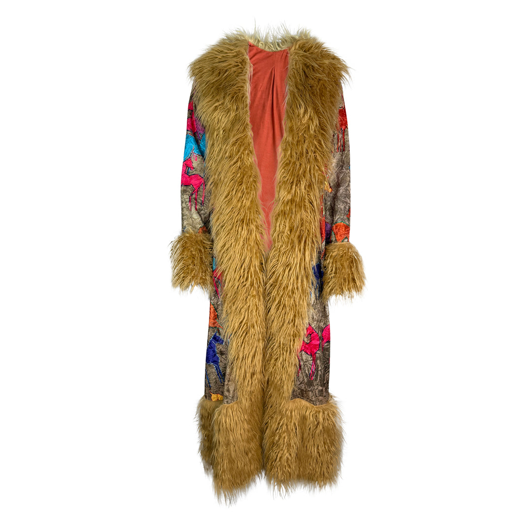 Penny Deluxe Wild Horses Faux Fur Trim Coat