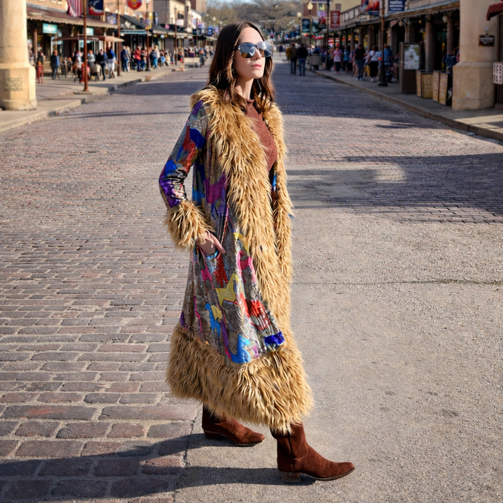 Woman in a colorful coat and fur vest walking under the Fort Worth Stockyards sign.