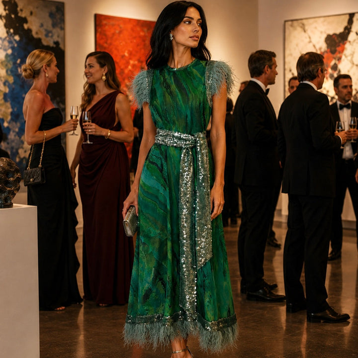 A woman wearing a green feathered dress with silver sequin trim walks through an art gallery at a night event, surrounded by guests and paintings on the walls.