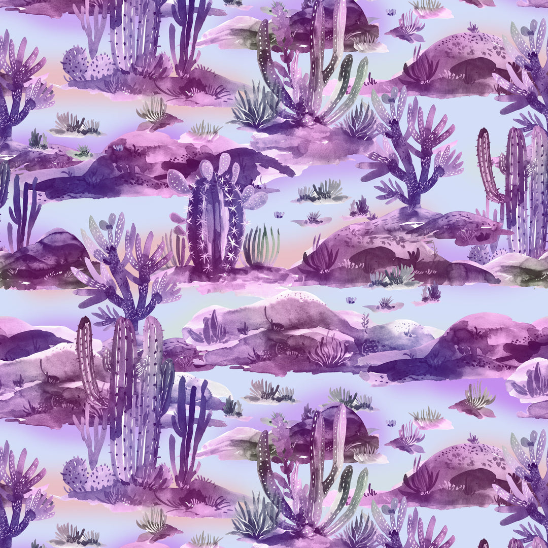 Desert landscape with cacti and rocks on a purple and blue gradient background