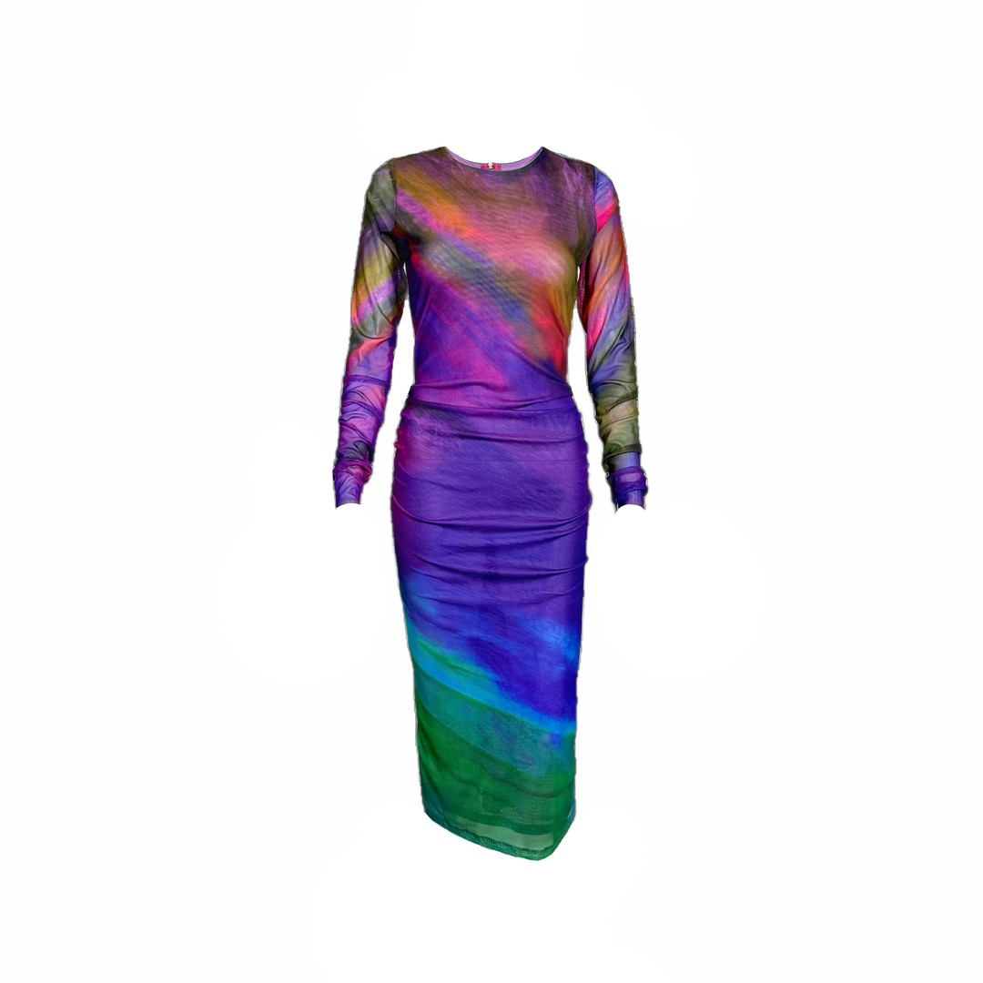 Long-sleeve dress with vibrant tie-dye pattern, isolated on white background.