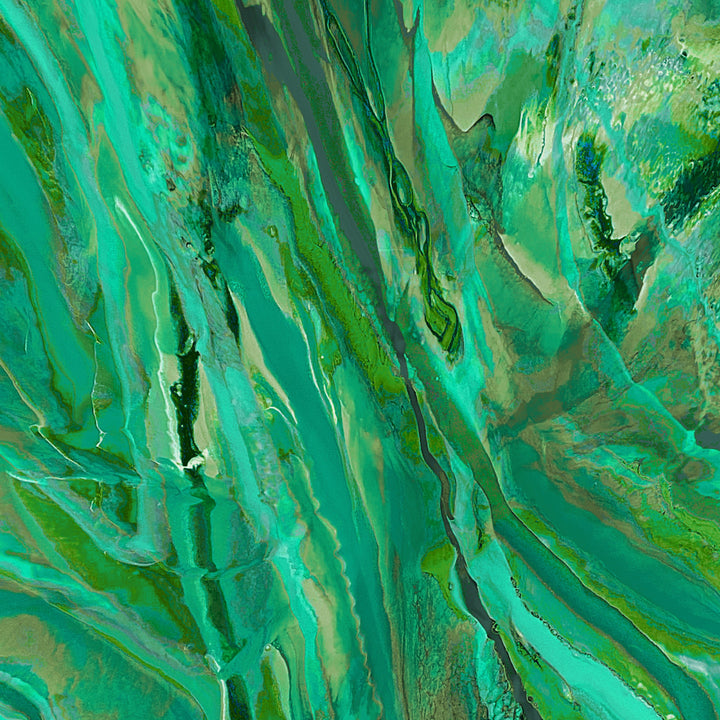 Abstract painting with swirling green and blue patterns