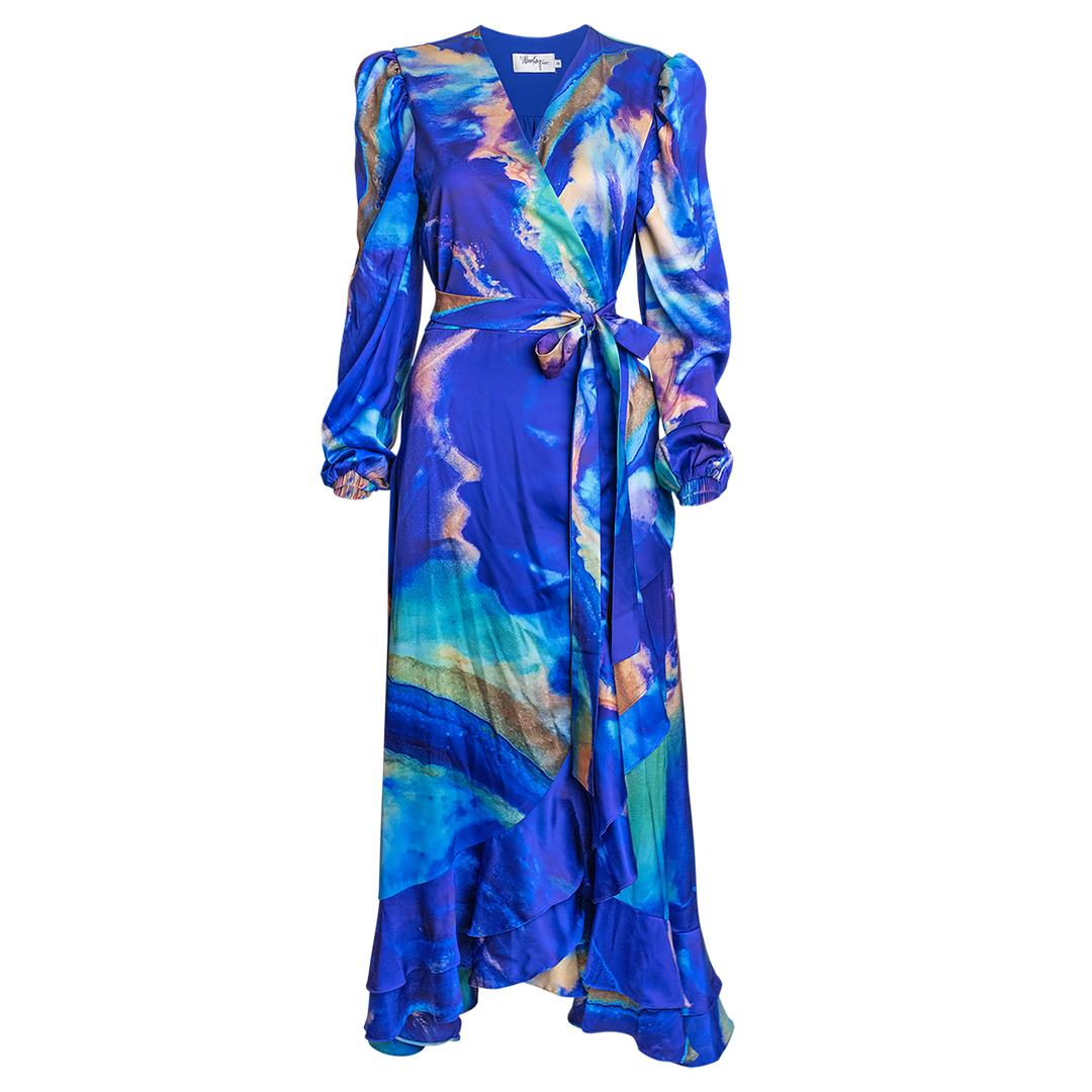    carrie-long-sleeve-wrap-dress-high-low-wearable-art-blue-alana-kay-art-1