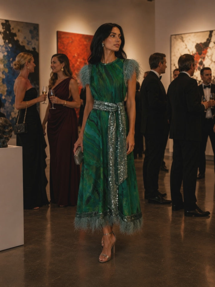 woman in a green dress walking through an art gallery event.